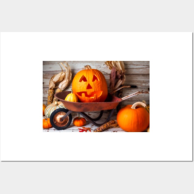 Carved Pumpkin In Old Wheelbarrow Wall Art by photogarry